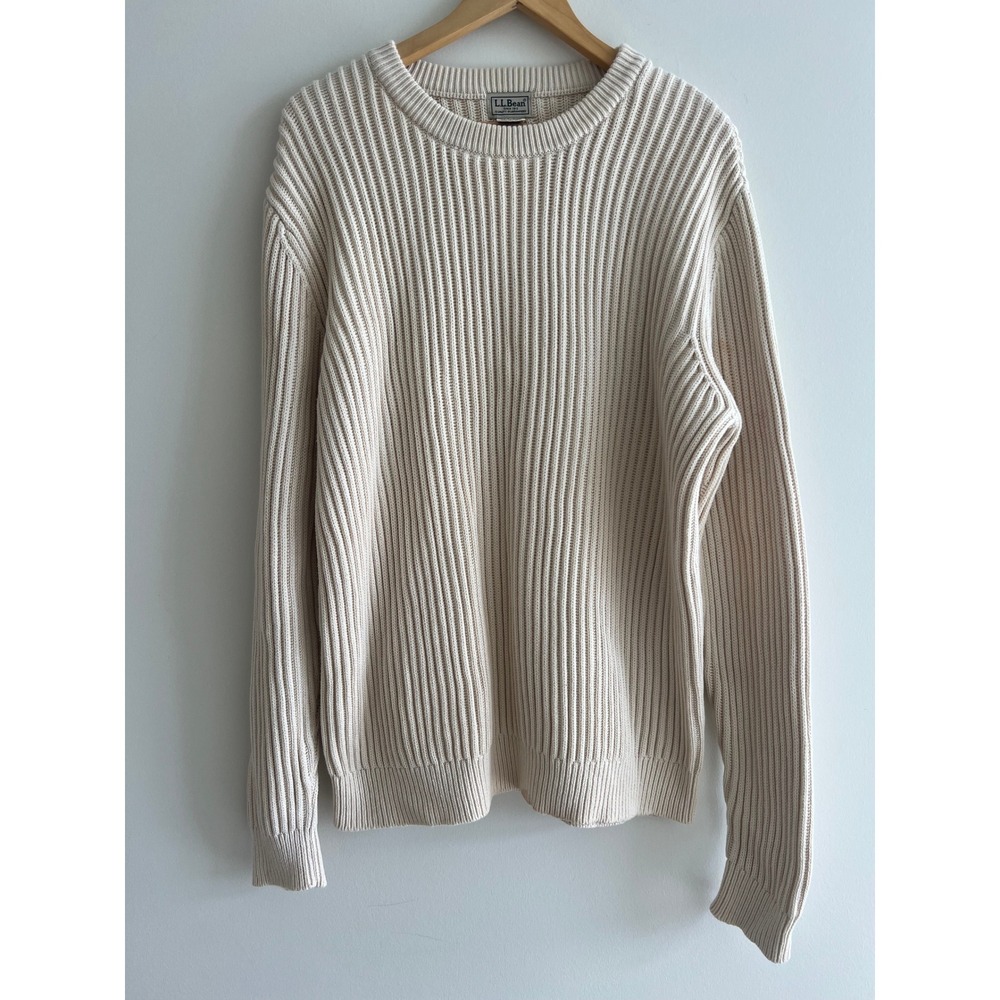 LL Bean Mens L Tall Cream Chunky Ribbed Cotton Crewneck Sweater Preppy Cabincore